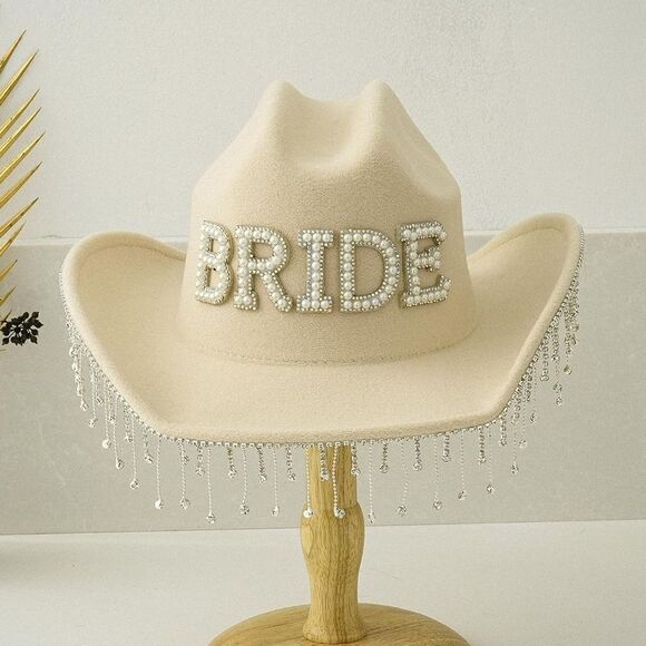 Beige Bridal Cowboy Hat with Pearl Fringe